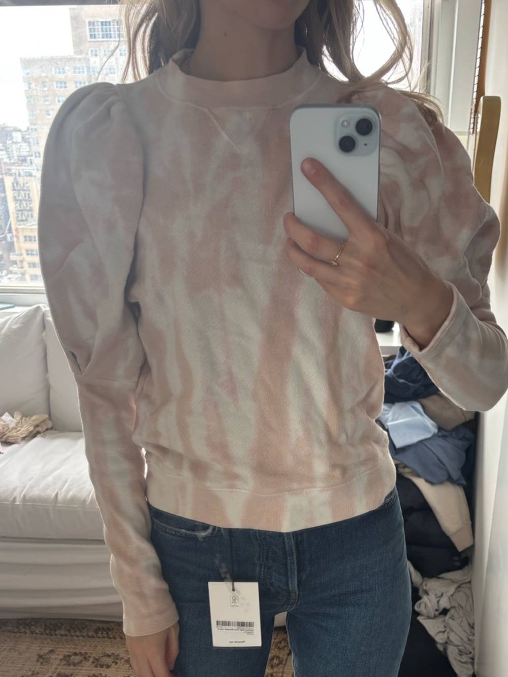 Ulla Johnson Blush and Cream Tie-Dye Puff Sleeve Sweatshirt